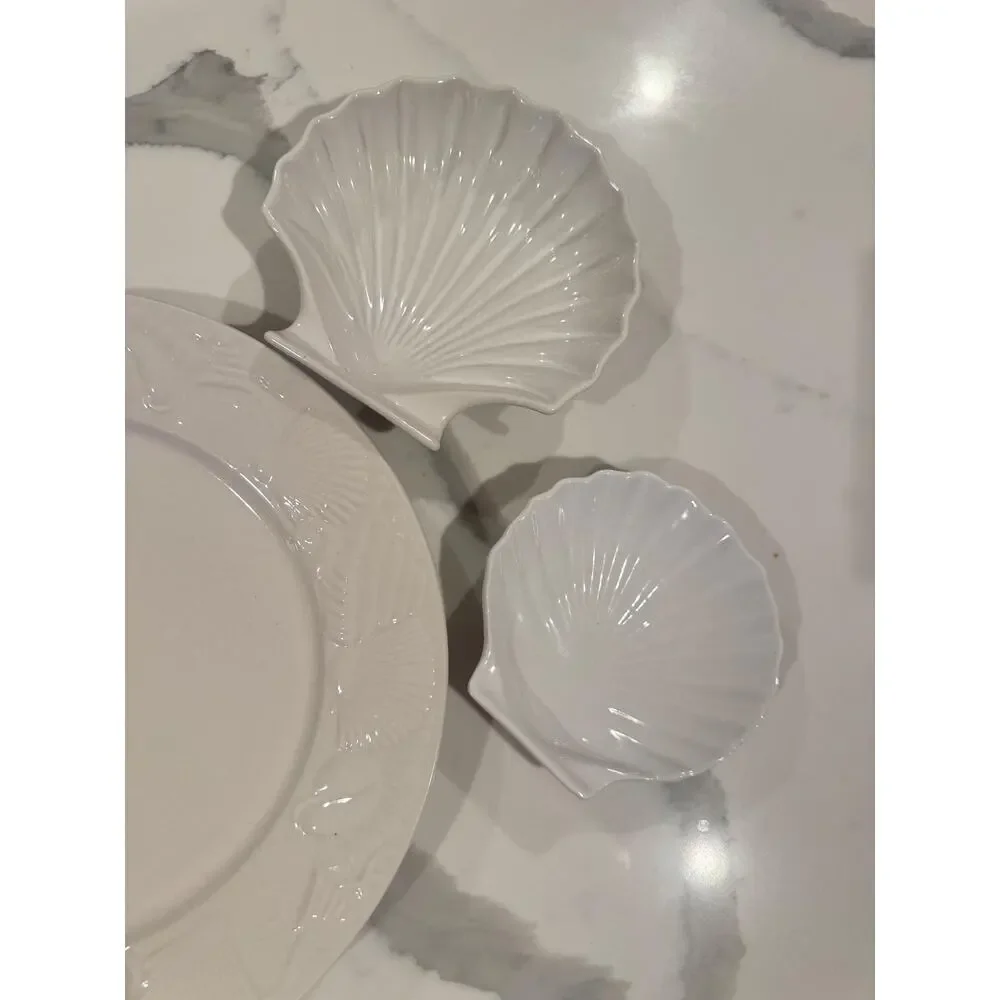 Vintage White Ceramic Seashell Serving Bundle - 3-Piece Platter & Shell Bowls